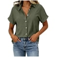 thumbnail image 3 of VBVC Women's Cotton Linen Button Down Blouse , Ladies' V Neck Short Sleeve Work Shirt , Summer Loose Fit Solid Tunic Top For Women, Army Green , S-2XL, 3 of 8