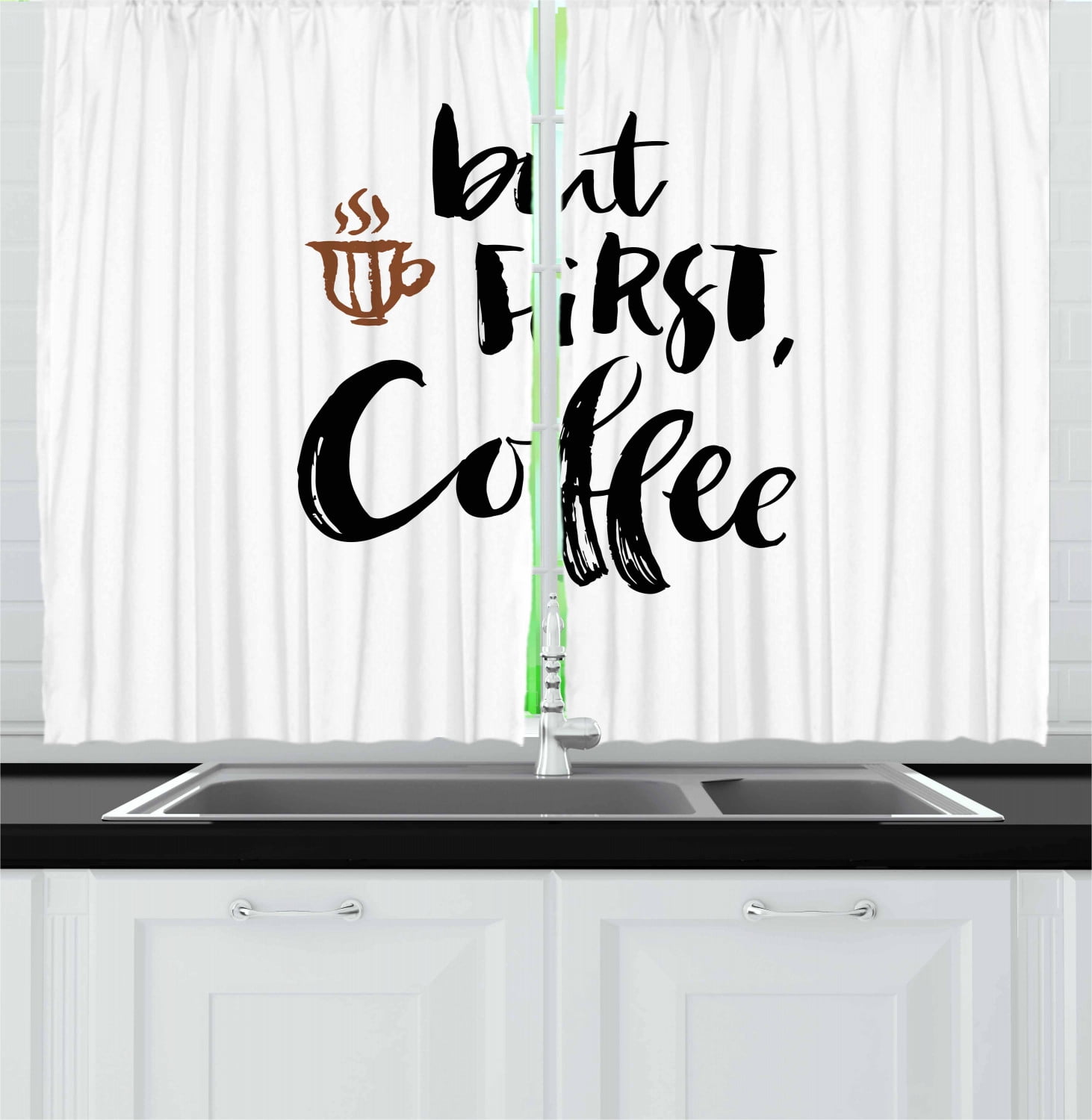 Coffee Curtains 2 Panels Set, Brush Calligraphy Modern Hand Drawn But First Coffee Popular Quote Lettering, Window Drapes for Living Room Bedroom, 55W X 39L Inches, Black White Brown, by Ambesonne