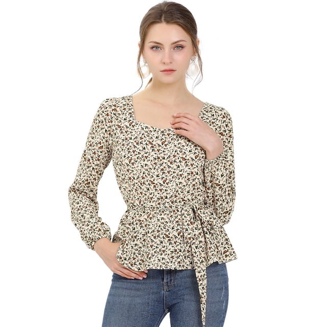 Blusa Floral Allegra K de Manga Larga Con Cuello Cuadrado Y Peplum Beige S