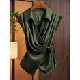 thumbnail image 3 of Women's Satin Wrap Blouse, Summer Sleeveless Collared Ruched Tie Waist Top for Office Casual Date, 3 of 8