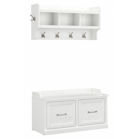 Woodland 40W Shoe Bench with Doors and Coat Rack in White Ash - Engineered Wood