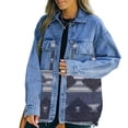 thumbnail image 1 of Qudderr Veste en Denim pour Femmes Ample à Empiècements Manteau en Jean Motif Géométrique Long Manteau de Cowboy Manteau d'Extérieur Printemps Automne à Revers Boutonné Manteau pour Femmes P-TG, 1 of 9