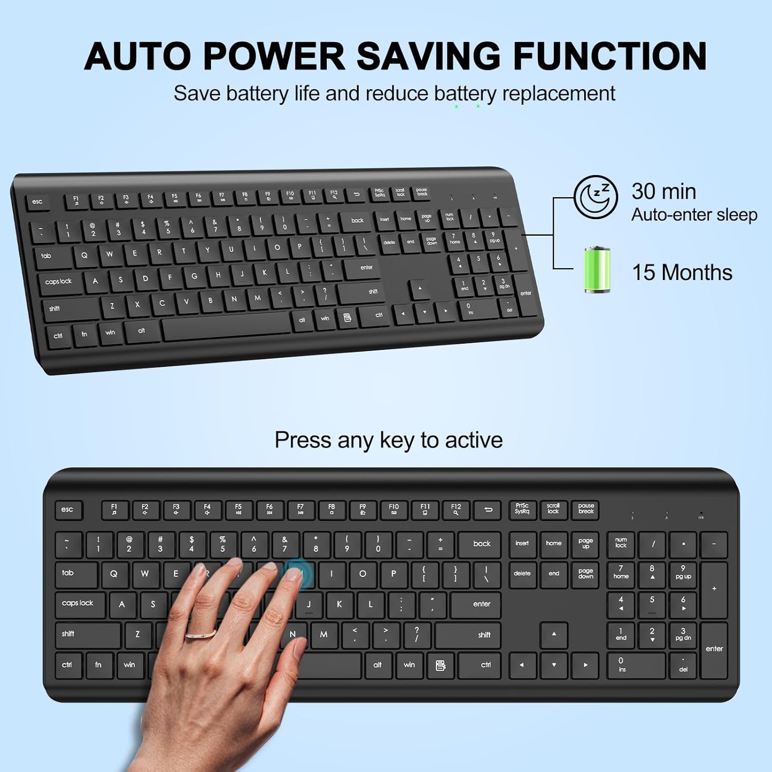 Wireless Keyboard, 2.4G Full-Sized Cordless USB Silent Computer Ergonomic Tilt Angle, Sleep Mode, Long Battery Life, for Windows, Mac OS Laptop/PC/Desktop/Notebook