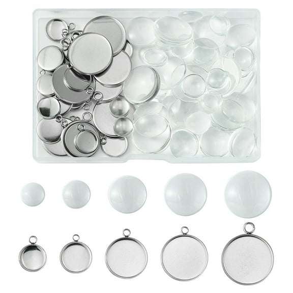 DIY Blank Dome Pendant Making Kit Including Flat Round 304 Stainless Steel Pendant Cabochon Settings Glass Cabochons Stainless Steel color 66pcs/box