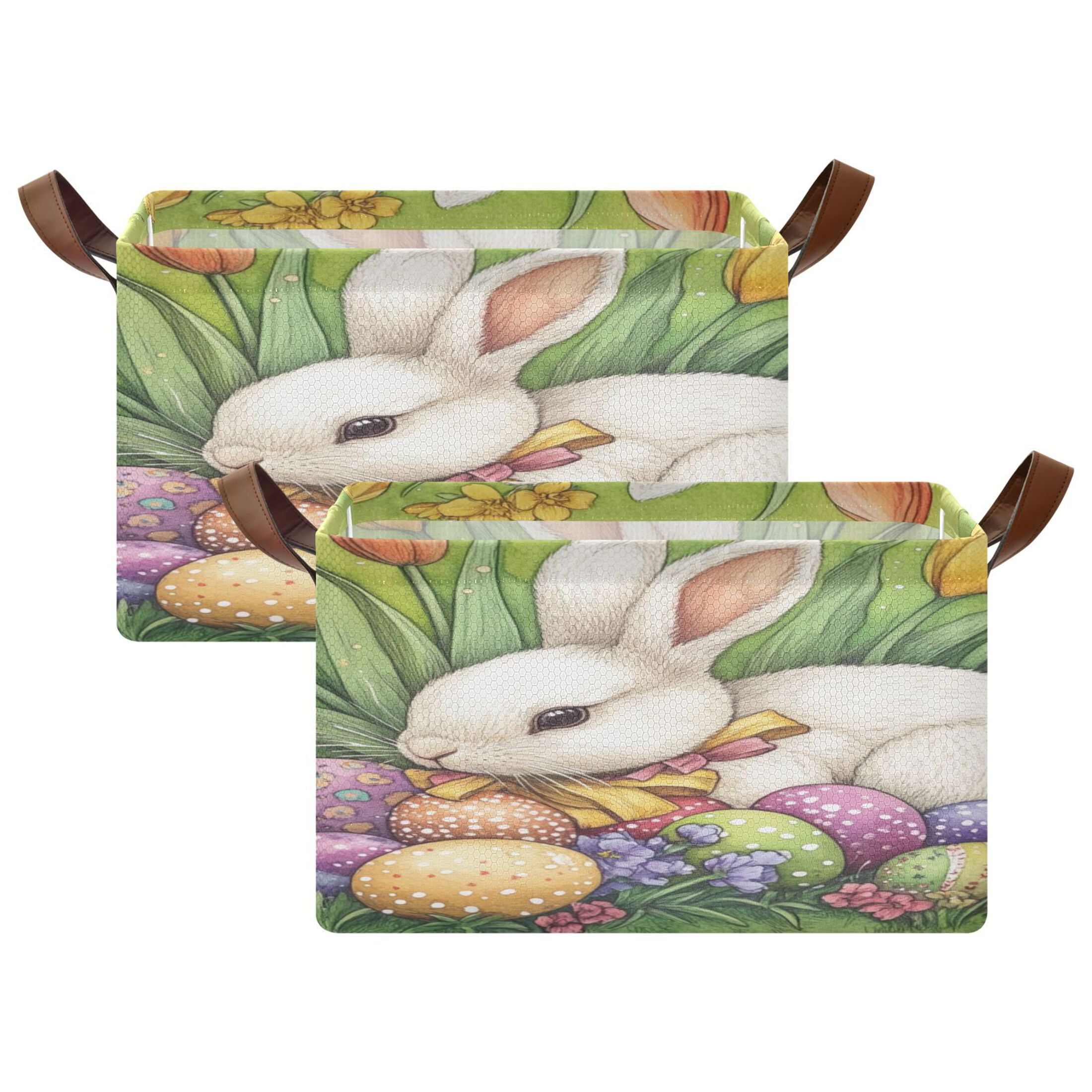 WOBOGO Easter White Bunny Storage Basket 16.9×11.4×10in Collapsible Oversized with Metal Iron Frame Set of 1