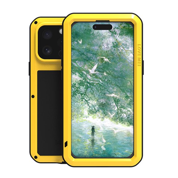 Military Rugged Case for iPhone 16 Pro, with Tempered Glass Screen Protector, Shockproof Dustproof Scratch Proof Hybrid Metal and Silicone Gel Heavy Duty Full Body Cover,Yellow
