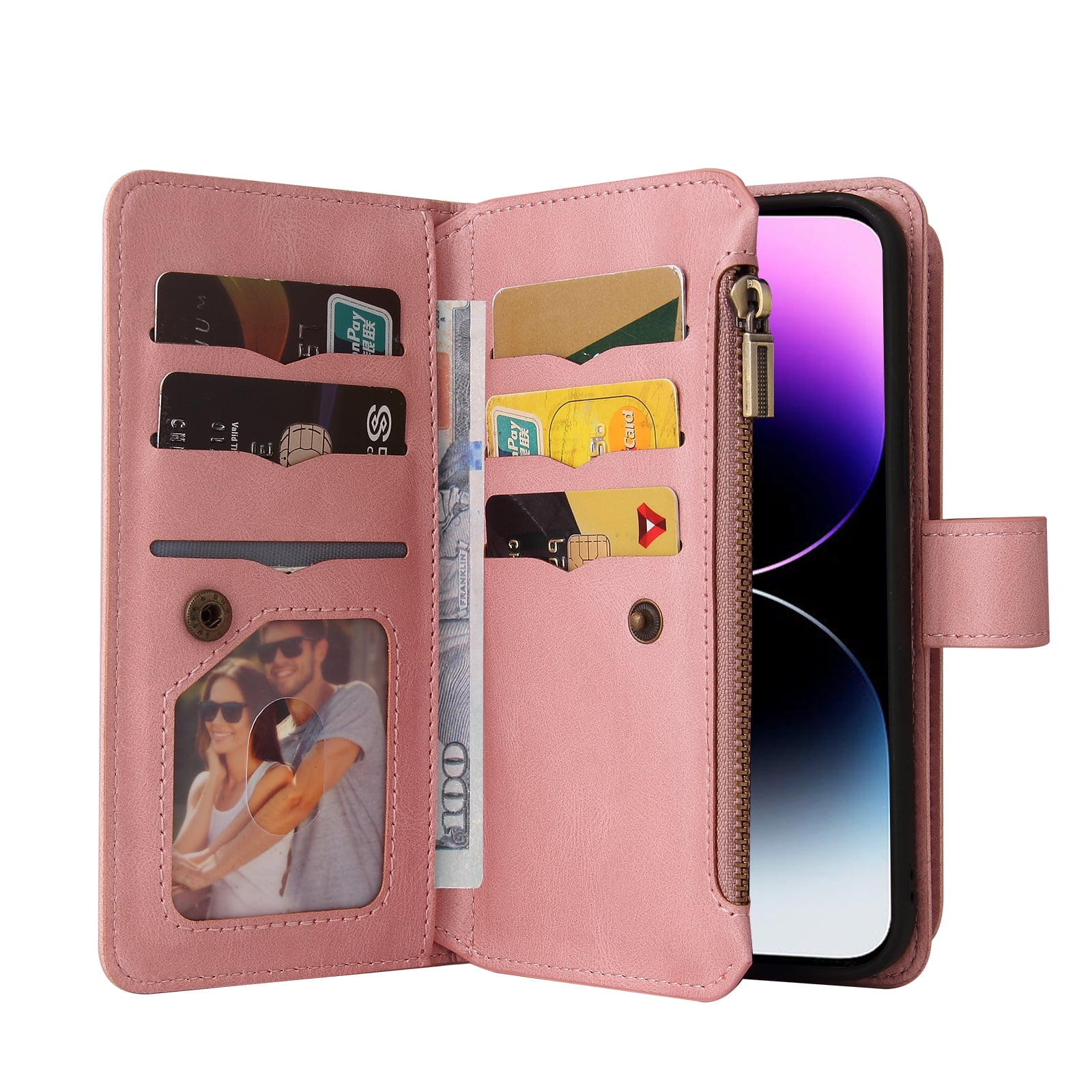 TECH CIRCLE Wallet Case For iPhone 15 Plus,PU Leather Zipper Handbag Purse Flip Cover Kickstand Folio Women Case with Card Slots Holder Wrist Strap for Apple iPhone 15 Plus 6.7" 2023,Pink