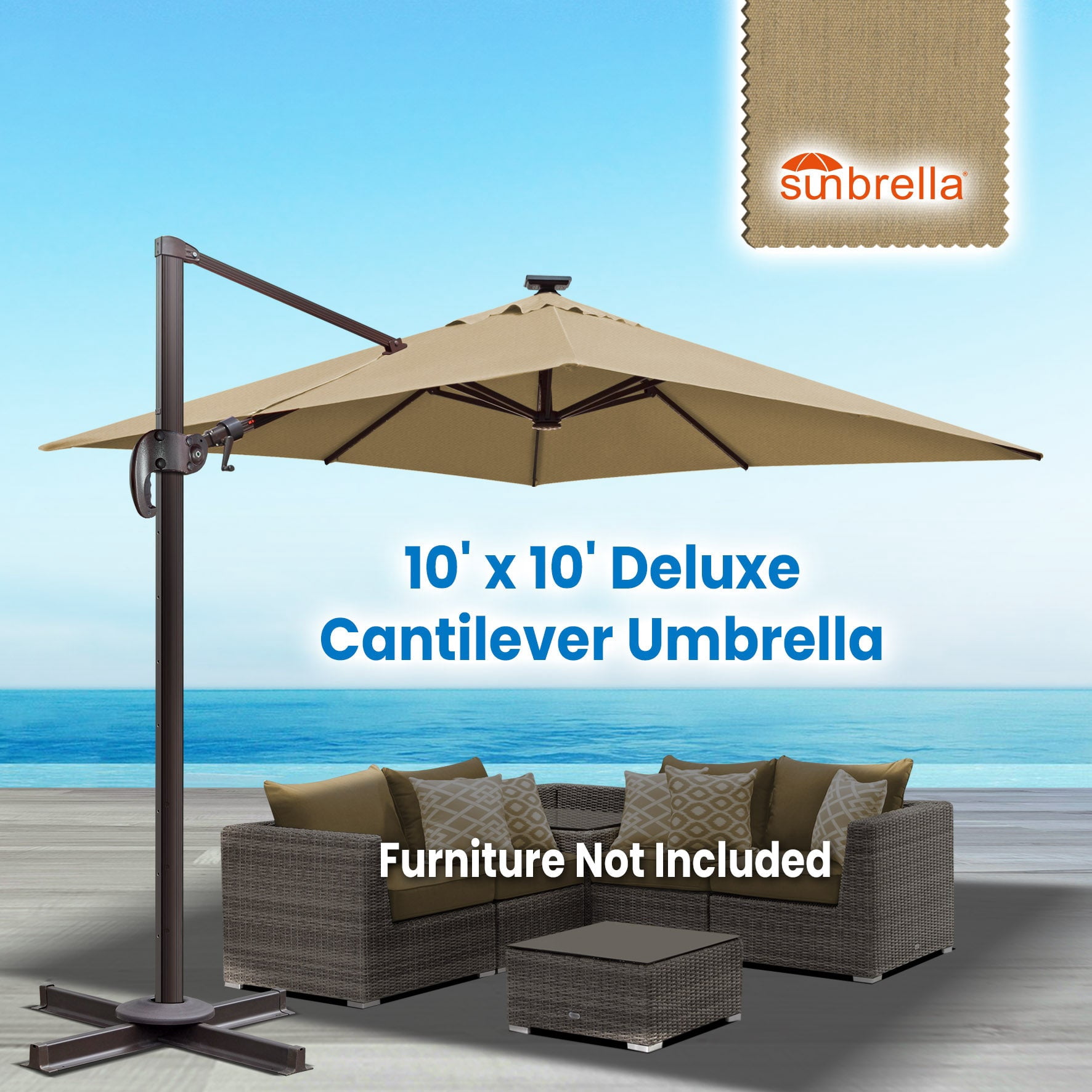 SUNRISEUMBRELLA Square 10'x10' Deluxe Roma square cantilever umbrella, With LED light(Heather Beige)