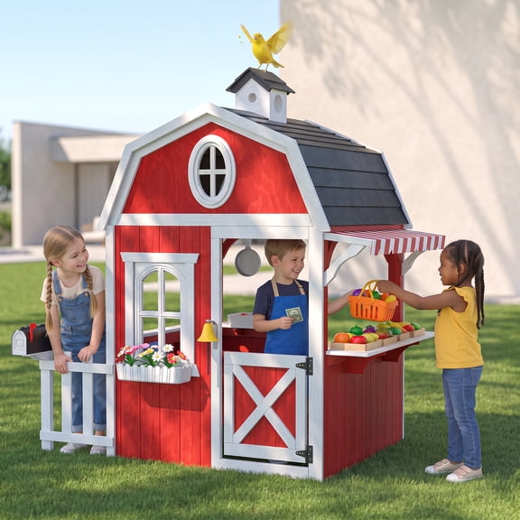 Auarte Outdoor Playhouse for Kids Ages 3 , Barn Wooden Play House with Play Kitchen, Food, Basket, Flowerpot, Mailbox, Chalkboard, Pet Door, Birdcage