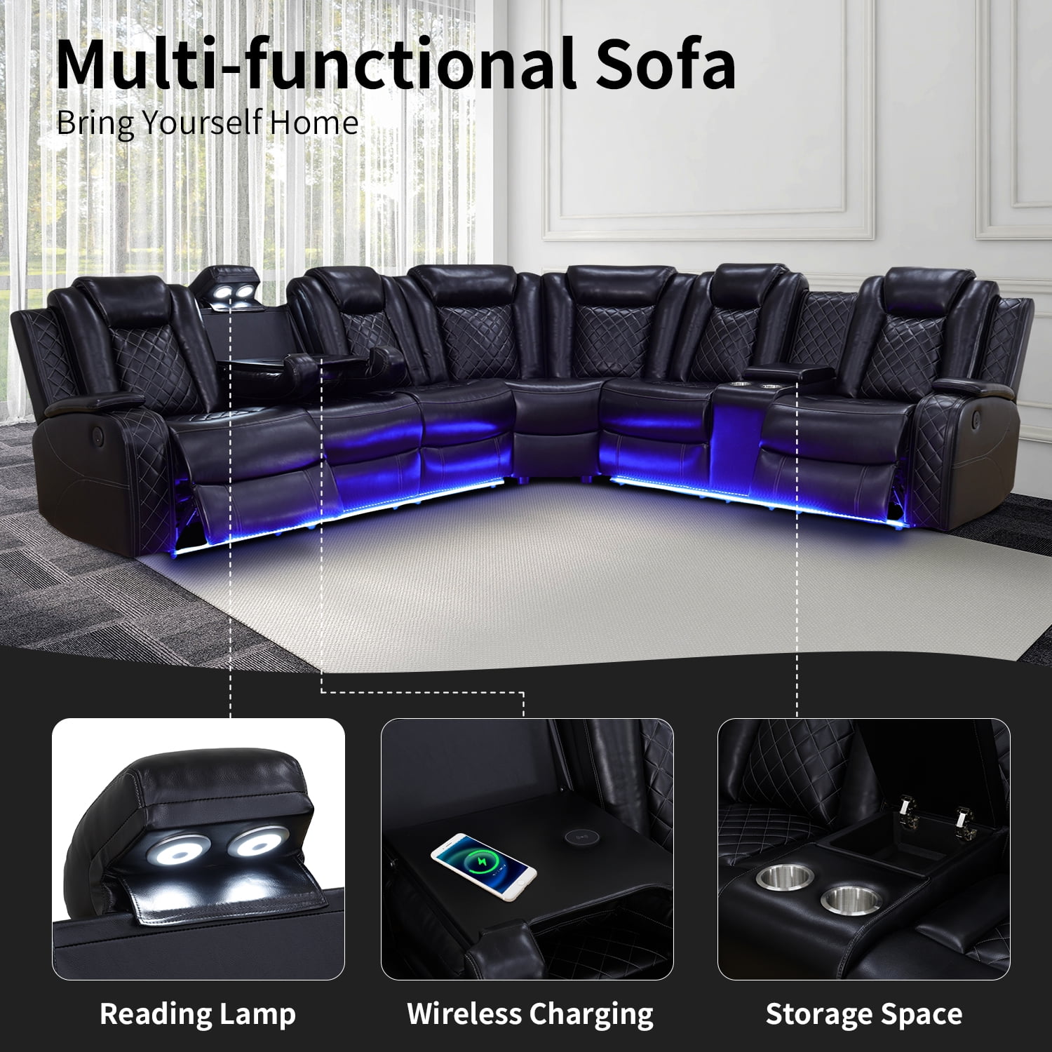 Recliner Sofa Sectional Couches with LED Light for Living Room,Leather Reclining Corner Sectional Sofa with 3 Recliner Seats,Cup Holder,Storage Console for House/Home Theater, Black