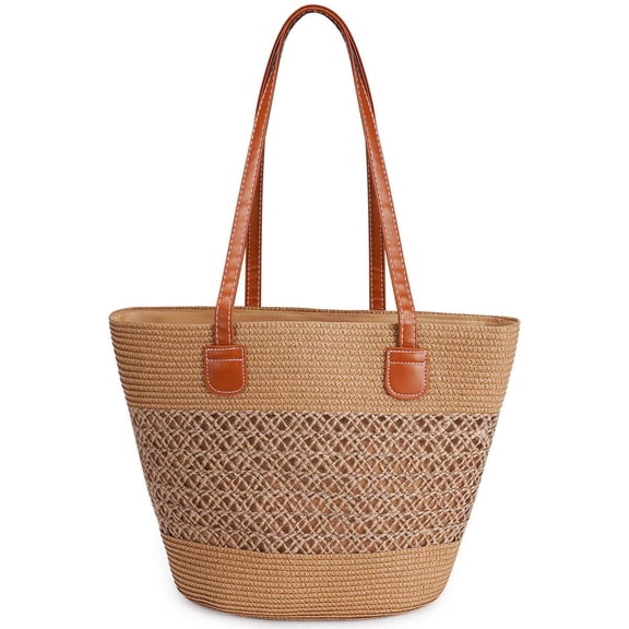 BadPiggies Women's Straw Shoulder Bag Large Rattan Woven Totes Handmade Summer Beach Handbag Top Handle Purse - Khaki