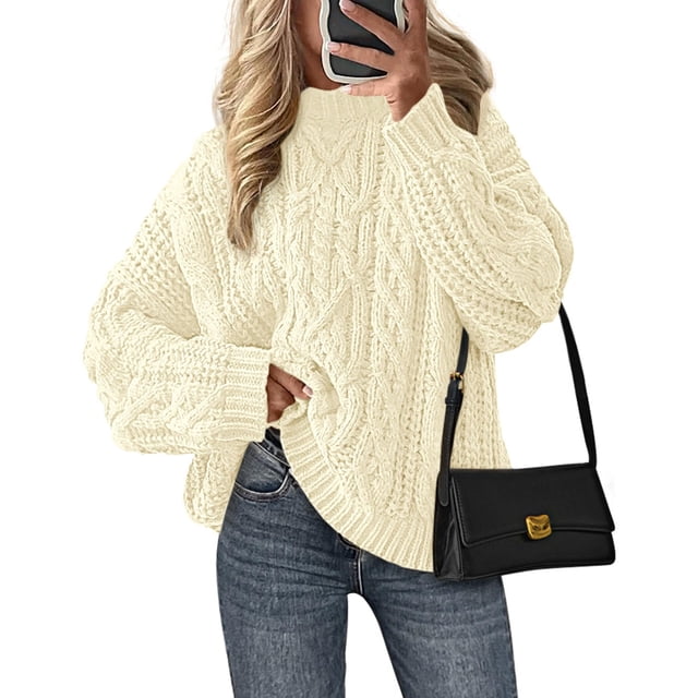 Suéter PRETTYGARDEN para mujer, tejido oversized con trenzas, beige, talla XL