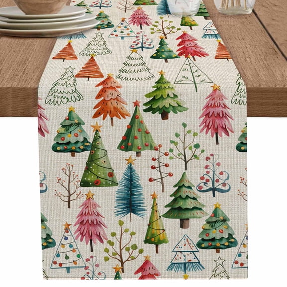 nqOlkjepod Christmas Pine Table Runner 60 Inches Long Farmhouse Dress Scarves, Winter Colorful Xmas Trees Plant Beige Dining Tablerunner for Coffee Table/Kitchen Island/Party Décor, 13" x 60"