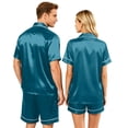 thumbnail image 5 of Garbnen Silk Matching Pajama Set for Couples 2 Piece Short Sleeve Button Down Sleepwear Pjs Shorts Set Soft Mens Loungewear Sets Shorts Blue 4XL, 5 of 8