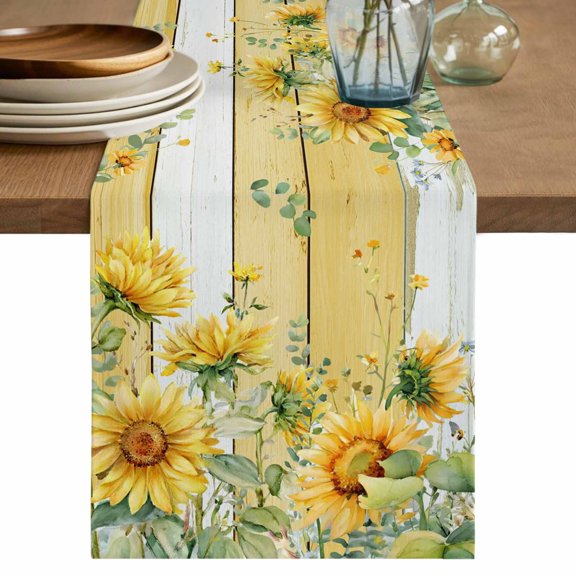 Sunflower Table Runner 90 Inches, Summer Eucalyptus Botanical Floral Yellow Wood Bed Runner Dresser Scarves Tabletop for Indoor Outdoor Parties/Ceremony/Banquet, 13" x 90"