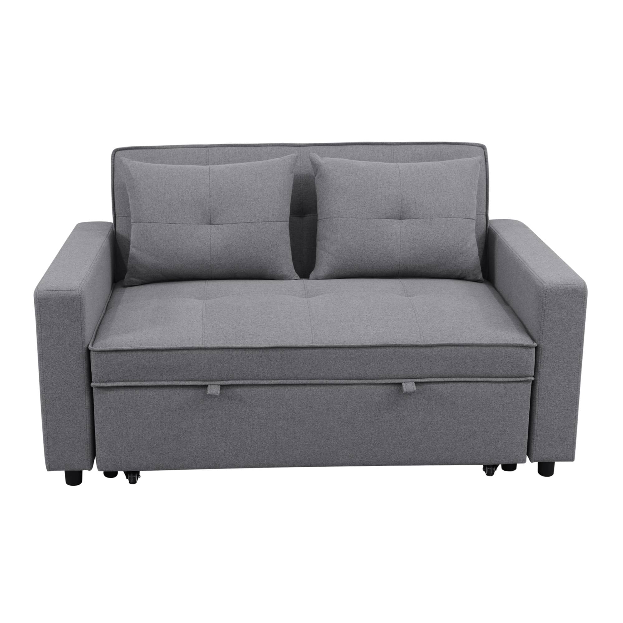 3-in-1 Convertible Sleeper Sofa Bed, Modern Futon Loveseat Velvet Pull-Out Couch Bed with Adjustable Backrest & Side Storage Pockets for Small Living Room, Grey
