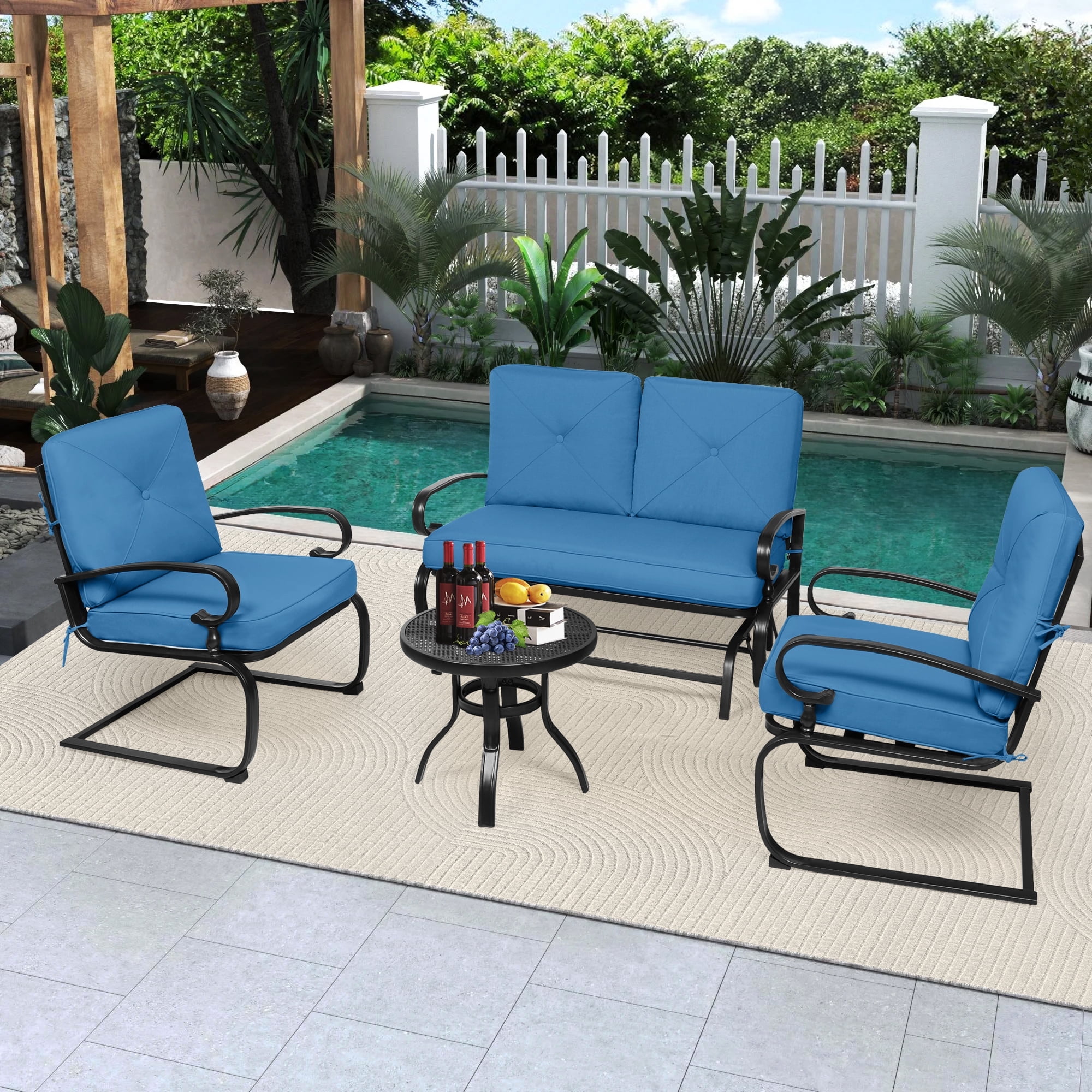SUNCROWN 4-Piece Outdoor Patio Furniture Set Wrought Iron Conversation Sets, Peacock Blue