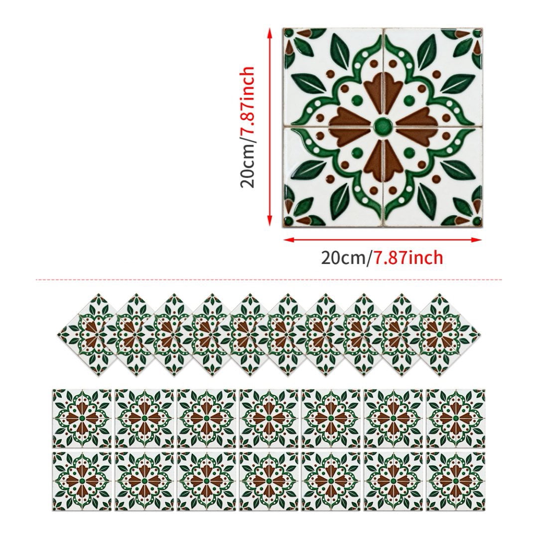 24Pcs Matte PVC Tile Sticker Waterproof Peel and Stick Backsplash 7.87" x 7.87" Green Brown Flowers Wall Stickers Self Adhesive DIY Decor Decals