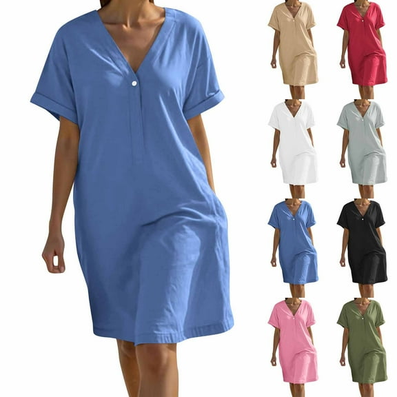 Summer Dresses for Women 2025, Women's Fashion Crewneck Loose Half Sleeve Solid Knee-length Dress(Black,S)