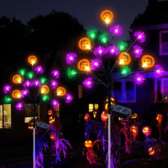 Qoosea 2 packs 40 LED Solar Halloween Lights, 2 Modes Halloween Bats Spiders Pumpkin Lights for Outdoor Decorations, Waterproof Stakes for Garden Yard Pathway Walkway