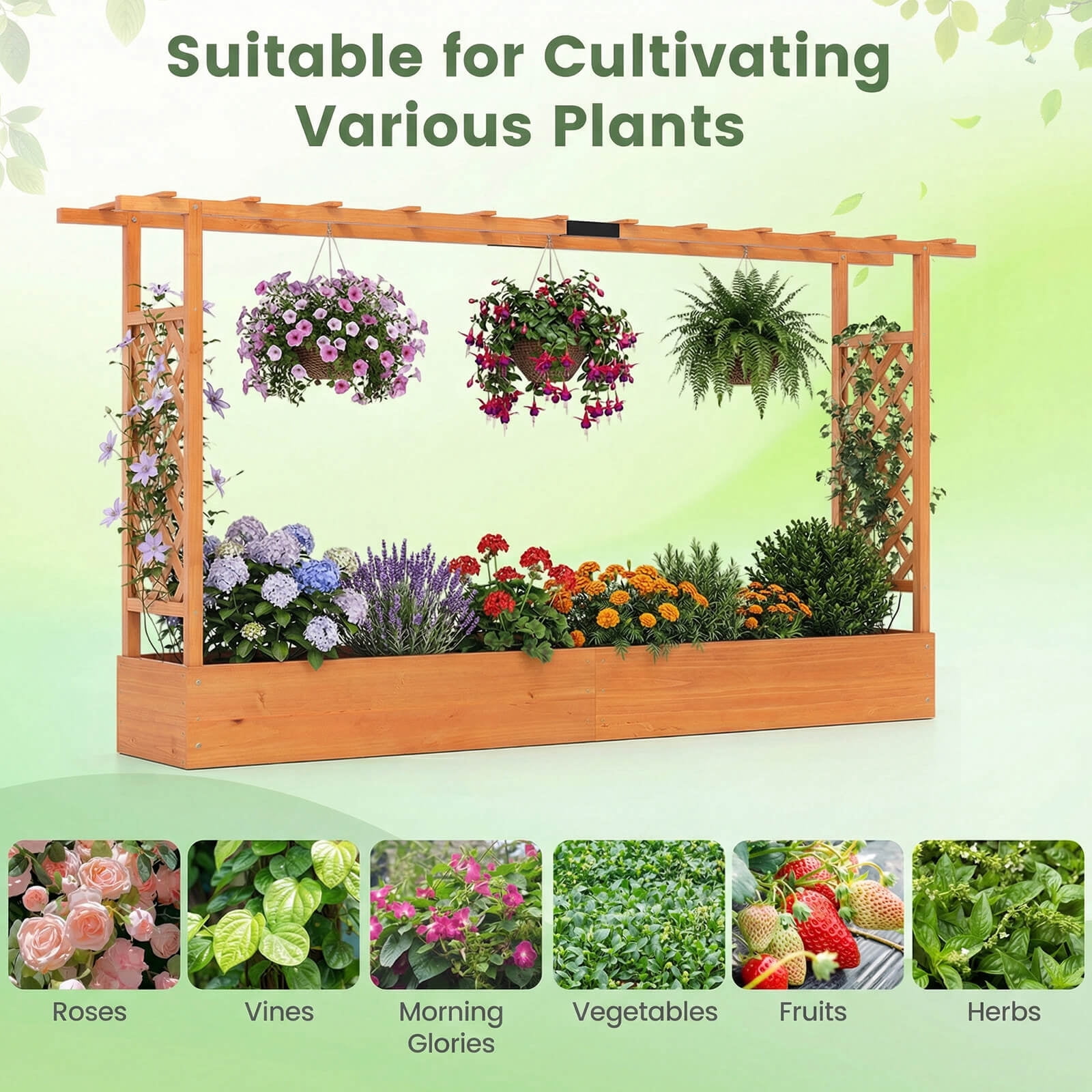 Costway 2 PCS Wooden Raised Garden Bed with Trellis Hanging Roof Drainage Holes for Flowers Orange