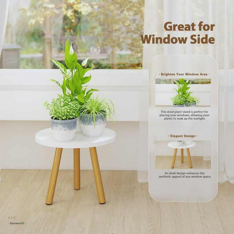 Bamworld Indoor Plant Stand Wood Modern Small Round Side Plant Table for Indoor Plants 8.7 Tall Plant Holder for Flower Pots End Table White
