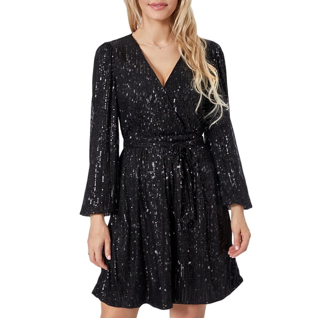 Diconna Robe Courte à Paillettes pour Femme, Paillettes, Manches Longues, Portefeuille, Col en V, Ceinturée, Robe de Fête, Robe Trapèze