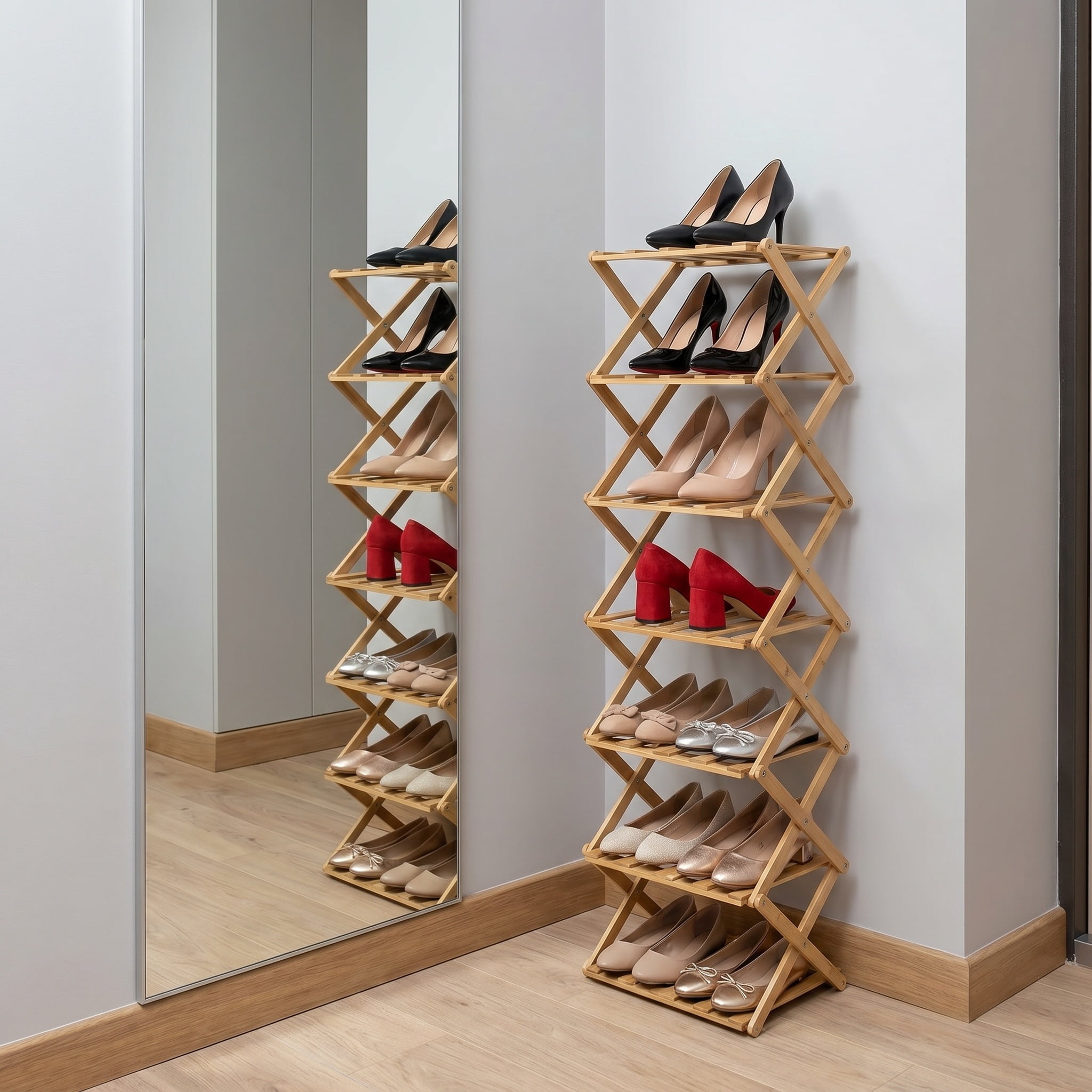 7 Tier Wooden Vertical Shoe Rack, Folding Narrow Shoe Organizer, Standing Portable Shoe Storage Shelf for Entryway, Bedroom, Living Room Corner and Small Spaces, No Installation, Space-Saving