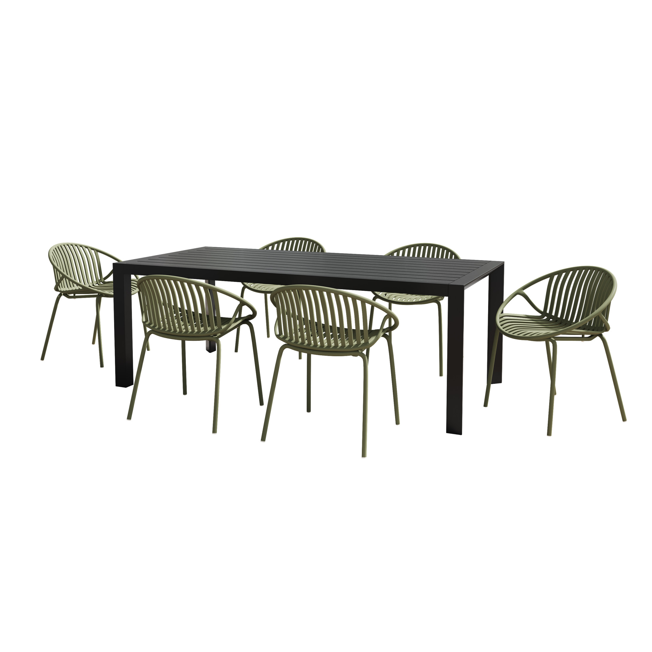 Christopher Knight Home 7-Piece Modern Outdoor Dining Table with Black Aluminium Frame, Green Stackable Chairs