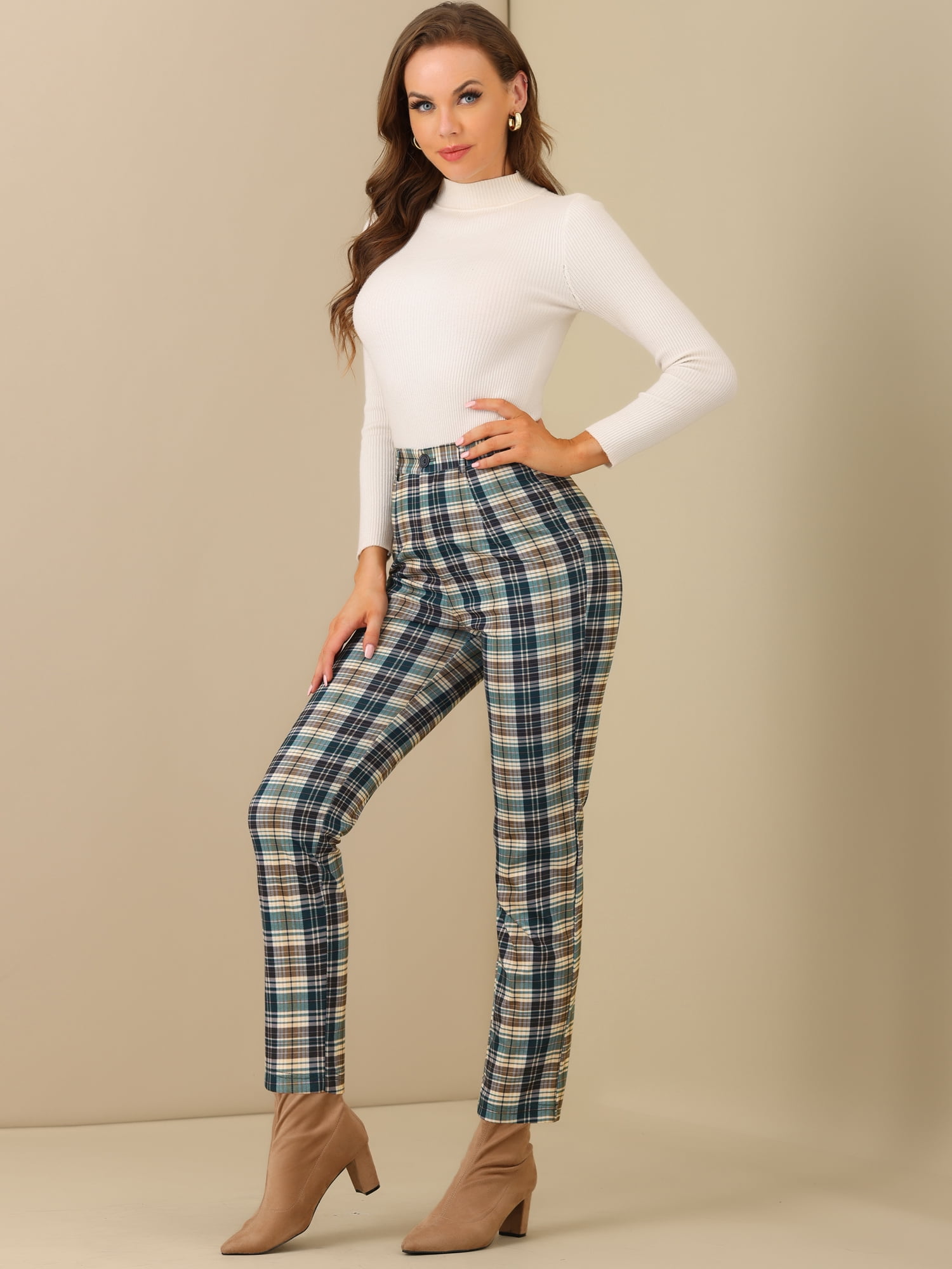 DARING DIVA Women's Plaid Trousers Button Tartan Check Work Pants XL Green