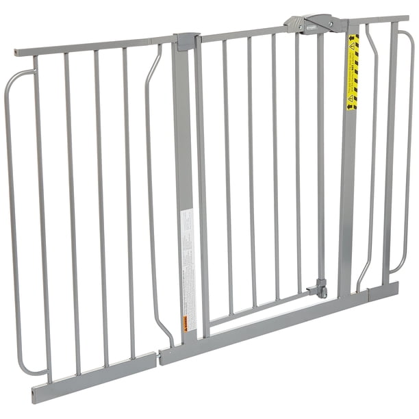 Regalo Easy Step Puerta para bebé extra ancha de 49 pulgadas, incluye kit de extensión de 4 y 12 pulgadas, 4 paquetes de kit de montaje a presión y 4 paquetes de kit de montaje en pared, platino, paqu