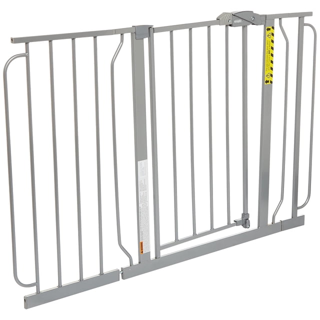 Regalo Easy Step Puerta para bebé extra ancha de 49 pulgadas, incluye kit de extensión de 4 y 12 pulgadas, 4 paquetes de kit de montaje a presión y 4 paquetes de kit de montaje en pared, platino, paqu