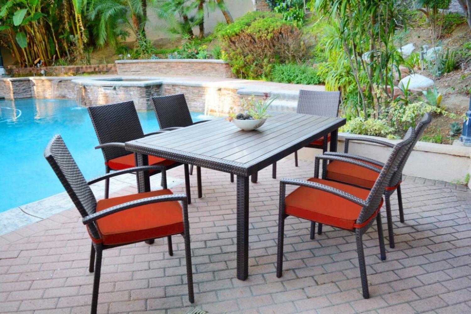 7-Piece Espresso Resin Wicker Outdoor Table and Chairs Furniture Set
