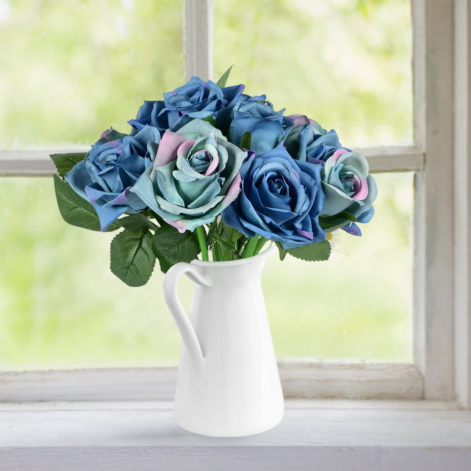 Silk Roses Flower Artificial Rose Decoration Faux Rose Flowers Blooming with Rose Bud and Greenery Perfect for Wedding Home Office Table Centerpieces DIY Flower Arrangement Fake Blue Roses-1 Pack 
