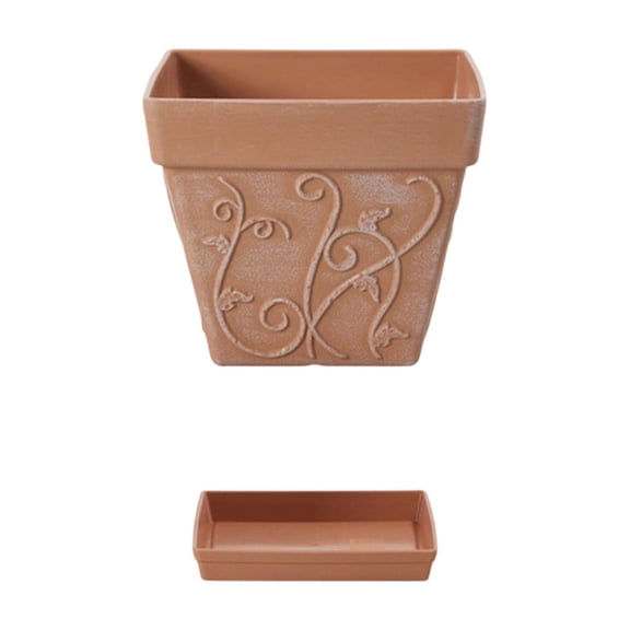 8 Inch Outdoor Planter, Faux-Ceramic, Durable Plastic Decorative Plant Pot with Base, Modern Style for Garden Patio & Porch (Brown)
