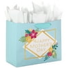 Hallmark 10" Large Mother's Day Gift Bag with Tissue Paper, Wide (Aqua Blue with Gold Foil and Bright Flowers)