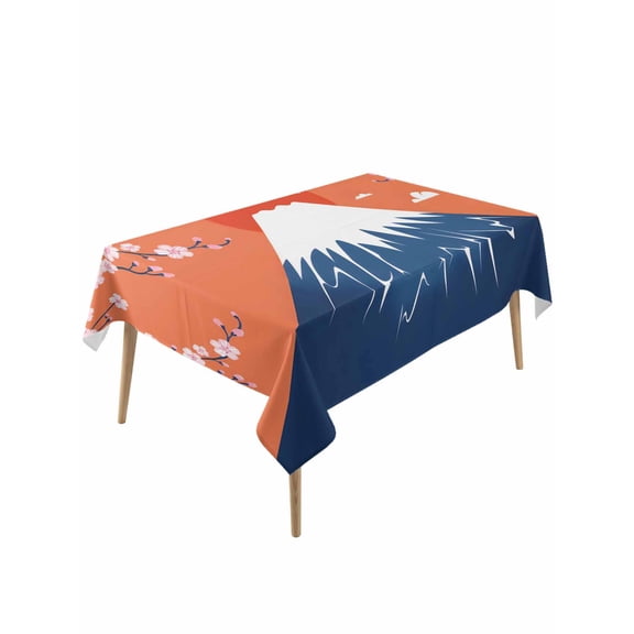 Japanese Style Table Cloth, Waterproof Tablecloth for Rectangle Tables, Blue Mountains Orange Red Sun Cherry Floral Reusable Washable Fabric Table Cover for Restaurant Kitchen Dining Tables 54"x108"