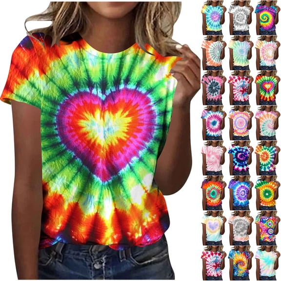 JTZGDY Ombre Shirts for Women Fashion Summer Short Sleeve Crewneck Tie Dye Gradient Color Printed Tunic Blouse Loose Fit Casual Dressy Graphic Tees Tops Yellow#05 S