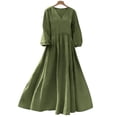 thumbnail image 4 of Hurxie Women Casual Boho V Neck 3/4 Sleeve Smocked Waist A Line Flowy Swing Midi Dress Smocked Long Dress Army Green,L, 4 of 6