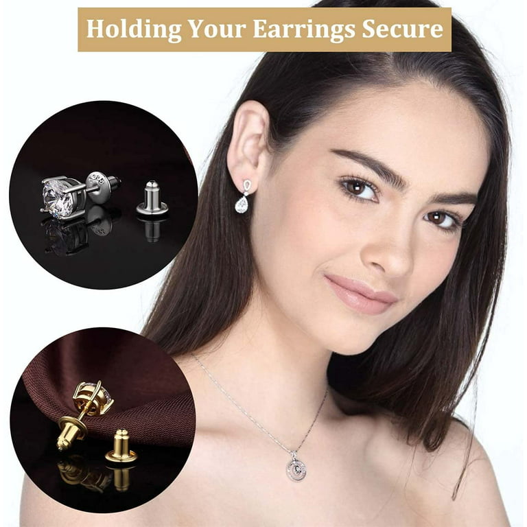 14K Gold Bullet Locking Earring Backs for Diamond Studs,925 Sterling Silver Hypoallergenic Replacements Backings for Pierced Earrings, Silver+Gold 2