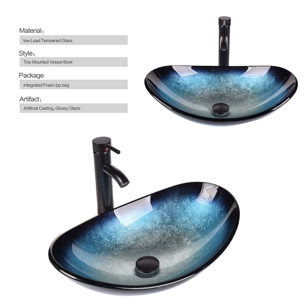 FULLWATT Boat Shape Bathroom Artistic Glass Vessel Sink Free Oil Rubbed Bronze Faucet and Pop-up Drain,Blue