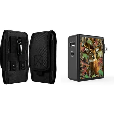 

Holster and Wall Charger Bundle for OnePlus Nord N20 5G: Vertical Rugged Nylon Belt Pouch Case (Black) and 45W Dual USB Port PD Power Delivery Type-C and USB-A Power Adapter (Deer Hunter Camo)