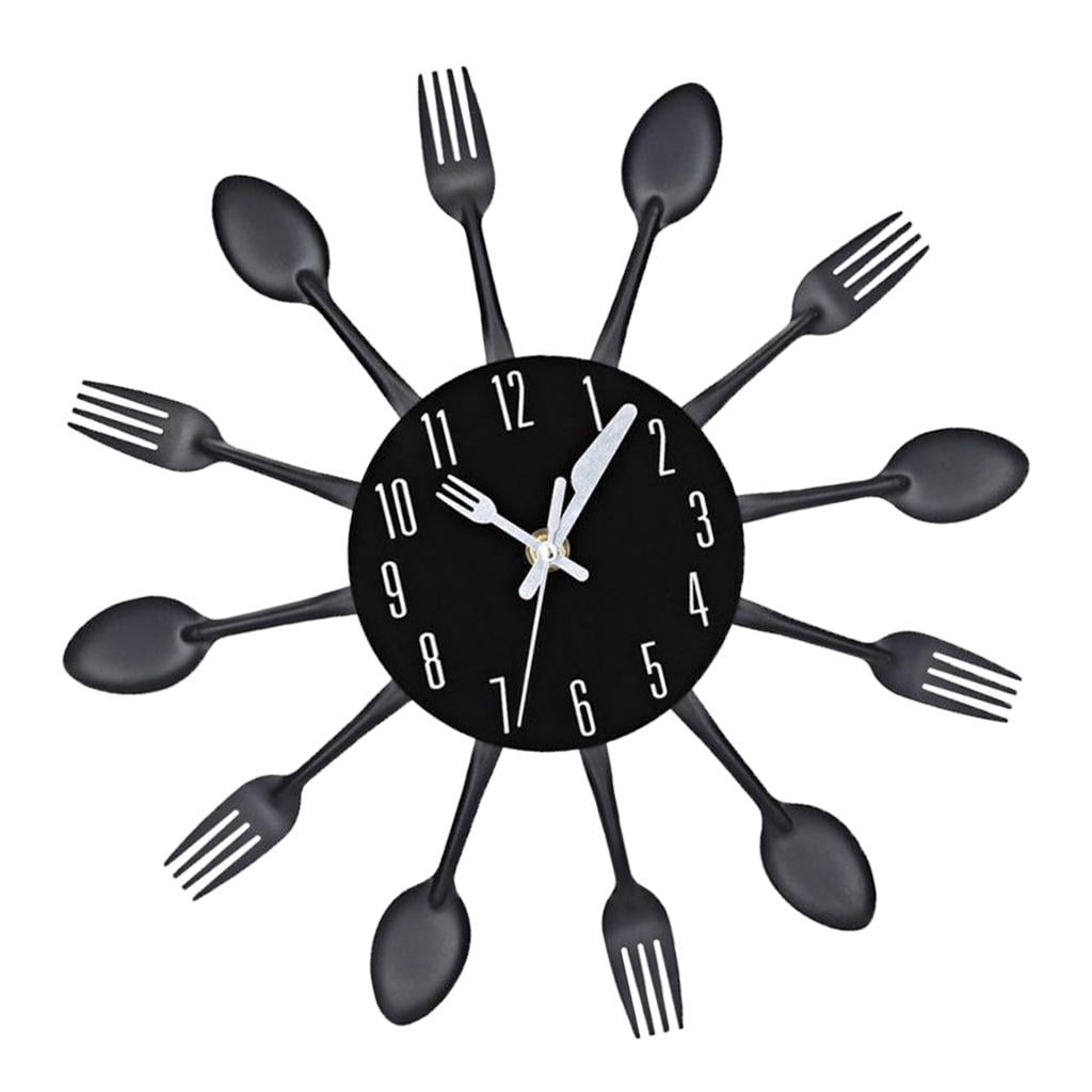 Wall Clock Metal Kitchen Cutlery Utensil Creative Home Decor Wall - Black