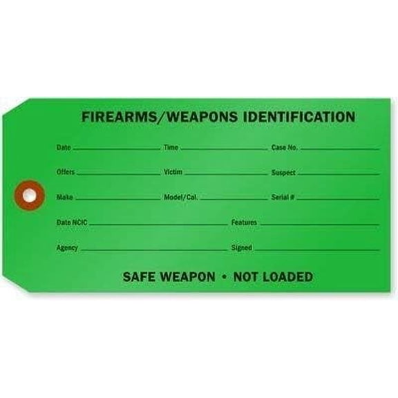 Firearms/Weapons Identification Tag, 6.25" x 3.125" Durable Green Cardstock with Reinforced Hole, Pre-Wired - Pack of 100 Tags$$Office