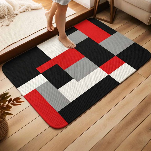 Red Gray Color Block Door Mat,Indoor Outdoor Welcome Doormat Modern Minimalist Style Absorbent Linen Front Door Mats Non-Slip Entrance Rug for Kitchen Bathroom Entryway,20x31in