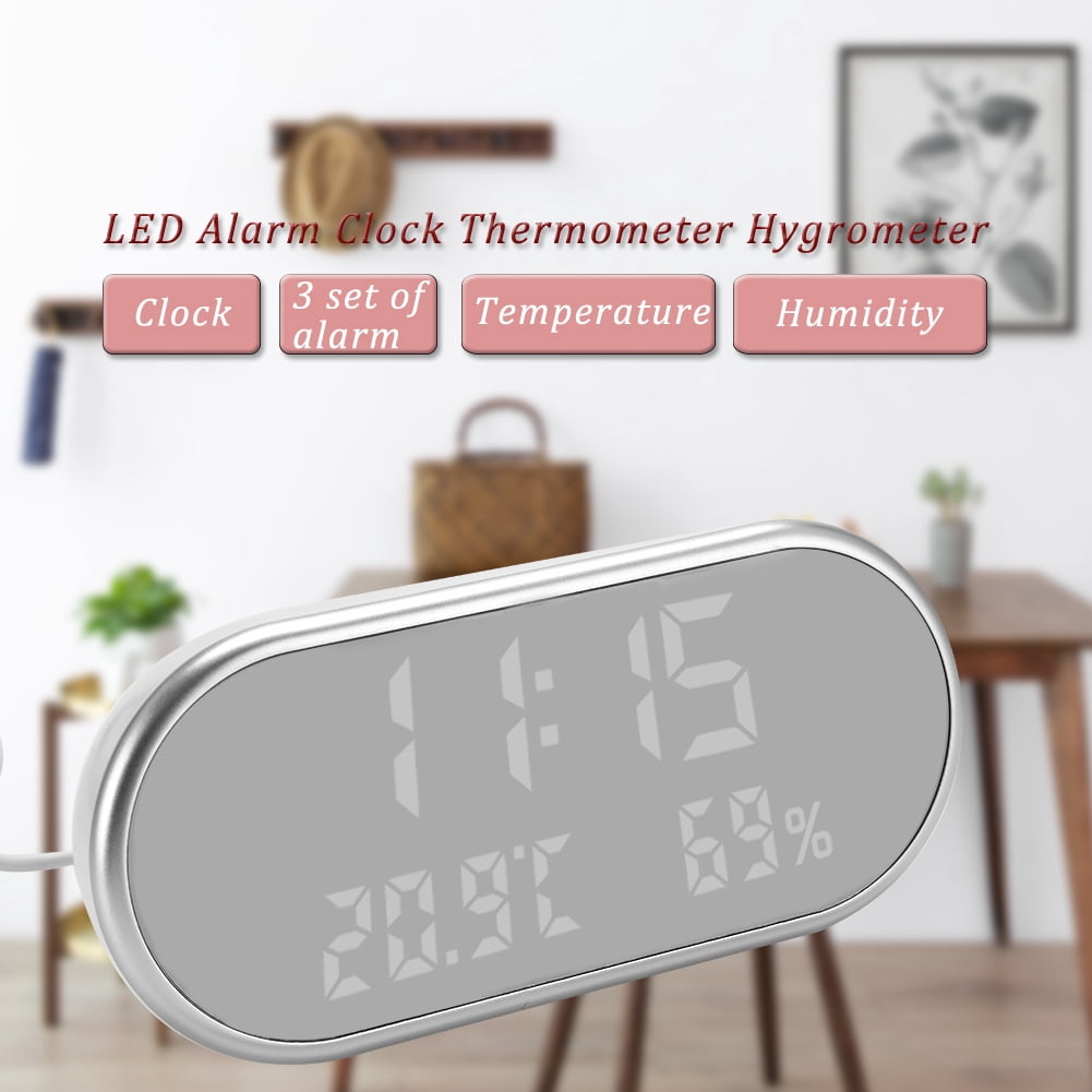 USB Creative LED Digital Alarm Clock Night Light Thermometer Hygrometer Calendar Display White