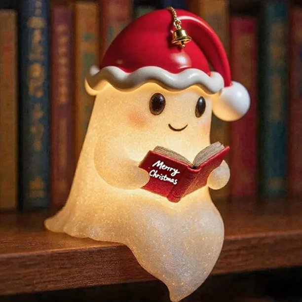 Seyotauo Ghost Reading Book Lamp, Christmas Hat Little Ghost Lamp with Book, 3D Xmas Ghost Night Light, Xmas Ghost Figurine for Home Decor, Shelf & Mantel Christmas Decorations for Bedroom, Party