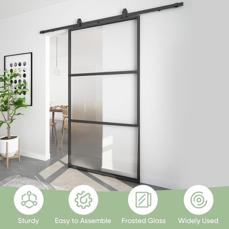 Easy4Home 42"x84" Frosted Glass Sliding Barn Door with Track and Hardware Kit