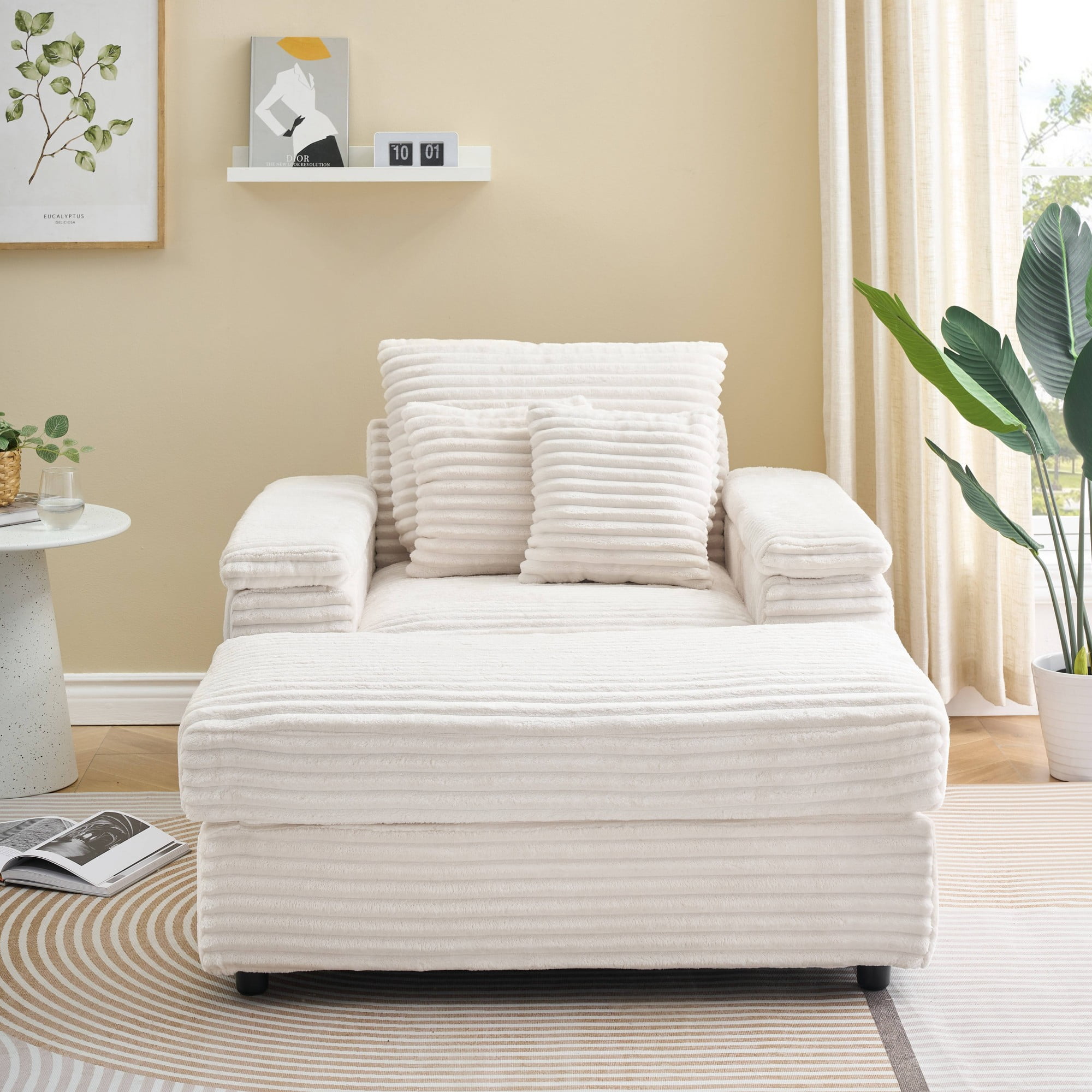 Chaise Lounge Chair Indoor,Upholstered Sofa Bed with Throw Pillows,Sleeper Chair for Living Room,Bedroom,White