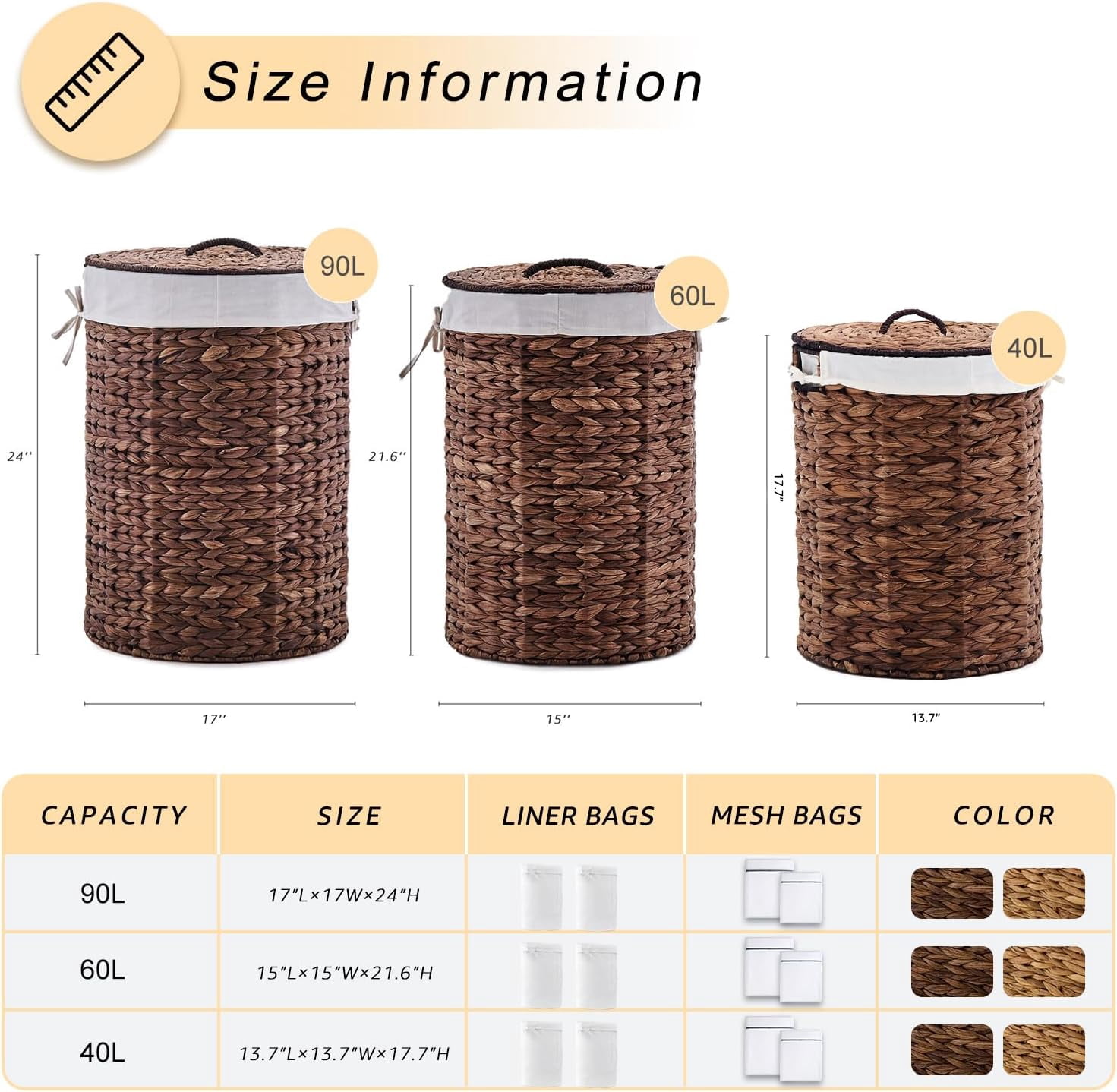 Casa Pura Furniture Handwoven Round Water Hyacinth Laundry Hamper with Lid, 60L Wicker Storage Basket with Handles, No Assembly Needed for Bedroom Bathroom Home Organization